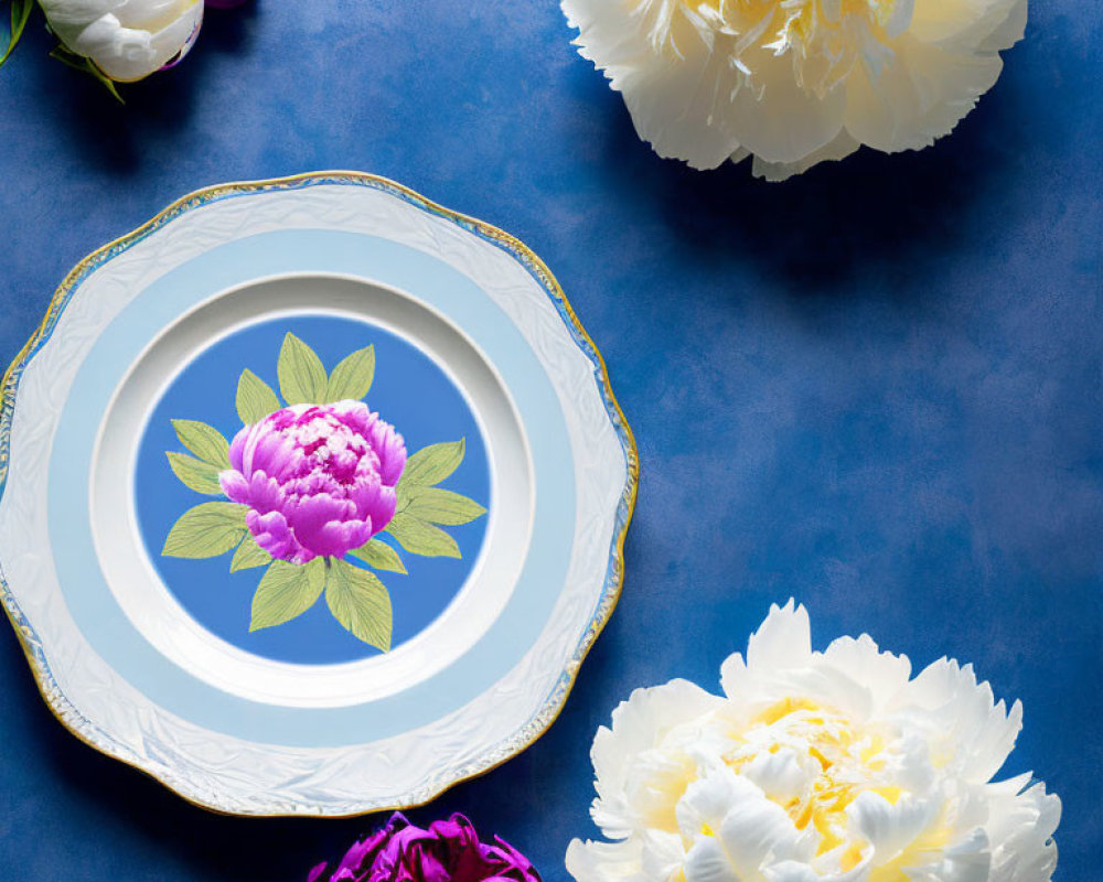 White and Patterned Plates with Blue Background and Peonies