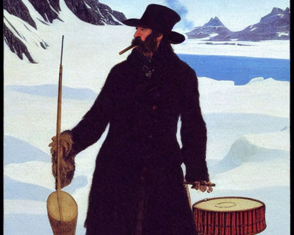 Person in Long Coat and Hat with Staff and Drum on Snowy Mountains