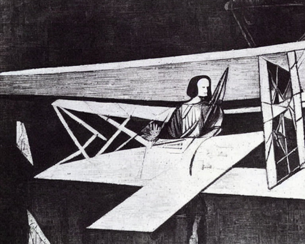 Monochrome modernist art: Stylized figure in abstract airplane cockpit