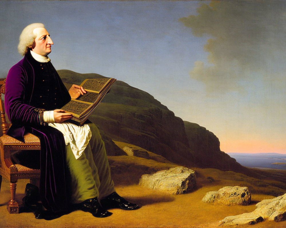 18th-Century Man Outdoors with Book and Mountain Sunset