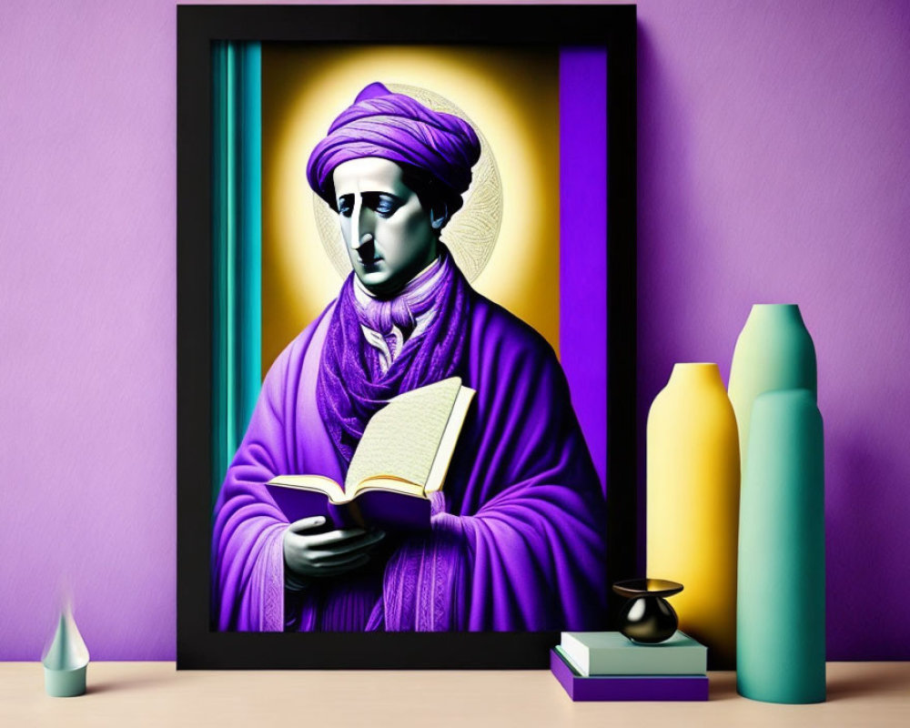 Stylized portrait of figure in purple robes with halo and book on shelf