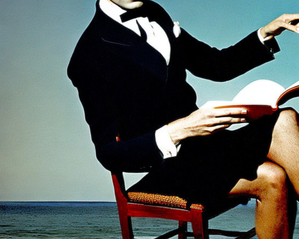 Vintage comedic actor inspired character in suit, bow tie, and straw hat on beach chair