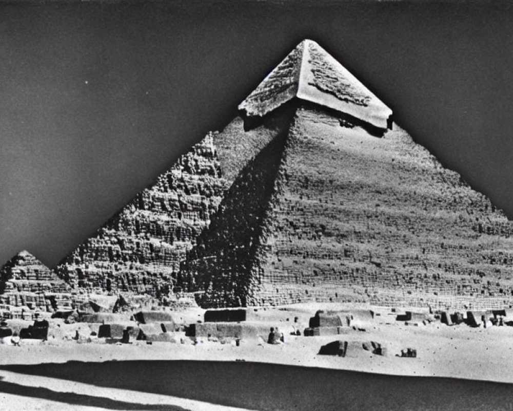 Monochrome image of Great Pyramid of Giza with capstone and surrounding structures