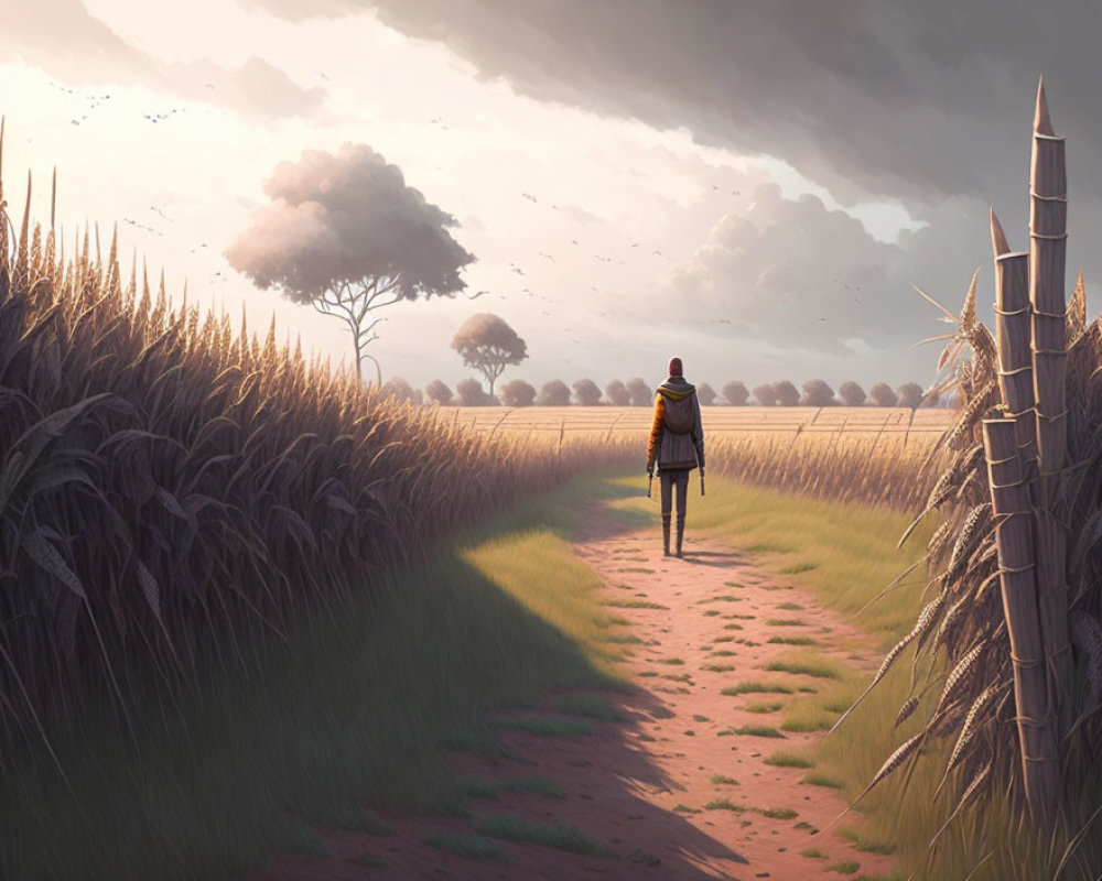 Person in yellow coat walking through wheat fields under cloudy sky