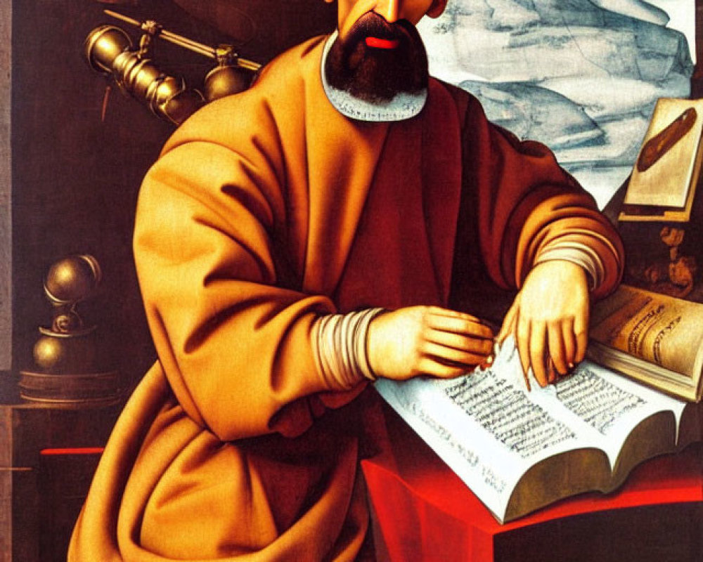 Renaissance-era portrait of bearded man with open book, globe, and celestial sphere