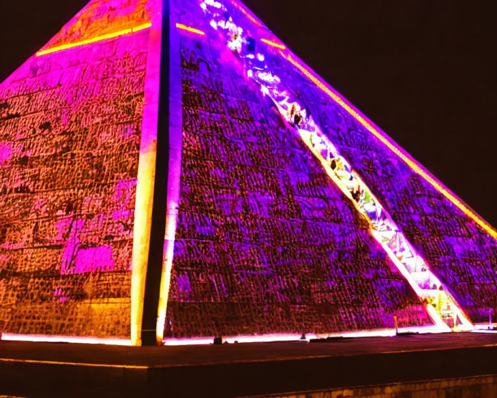 Illuminated Pyramid at Night with Textured Blocks and Inclining Walkway