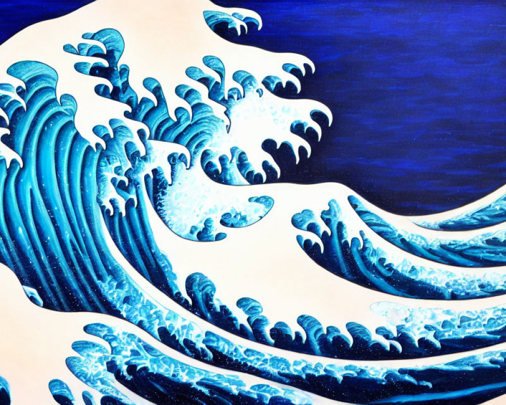 Traditional Japanese-inspired blue wave painting on deep blue background.