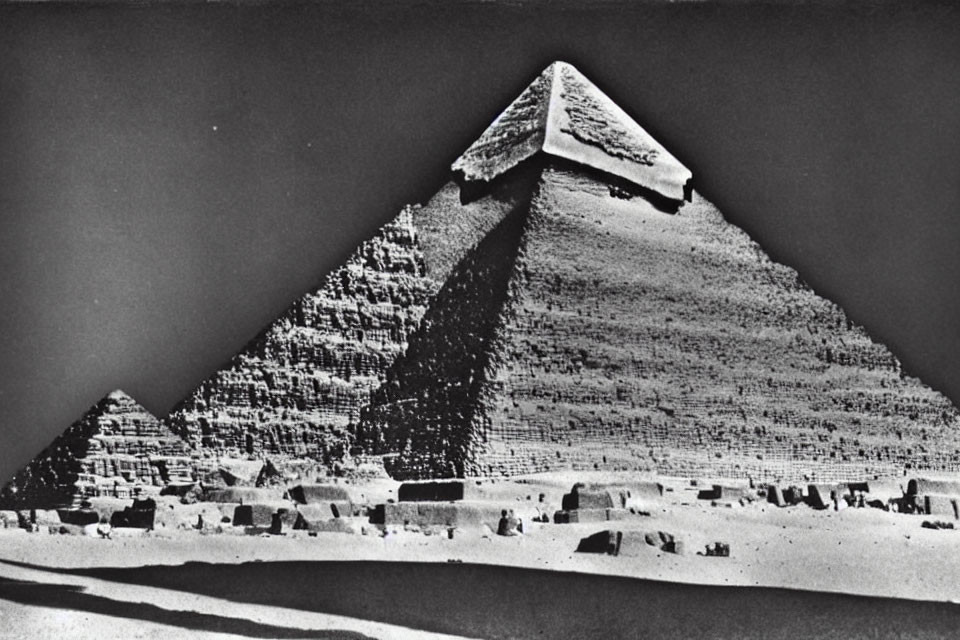 Monochrome image of Great Pyramid of Giza with capstone and surrounding structures