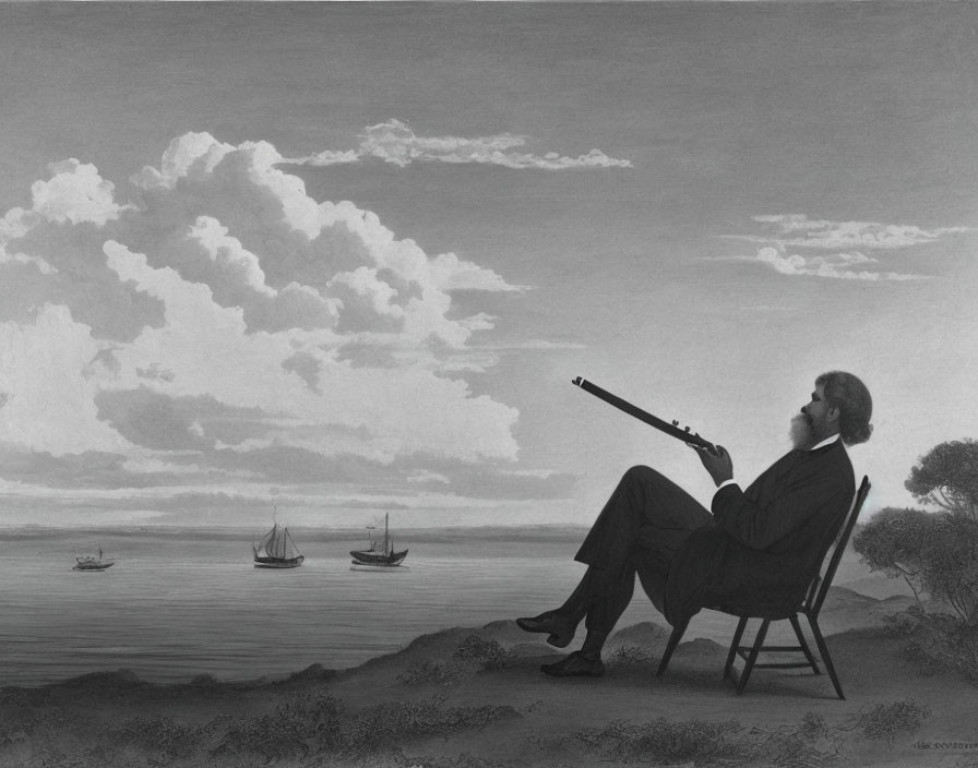 Bearded man gazes through telescope by seaside