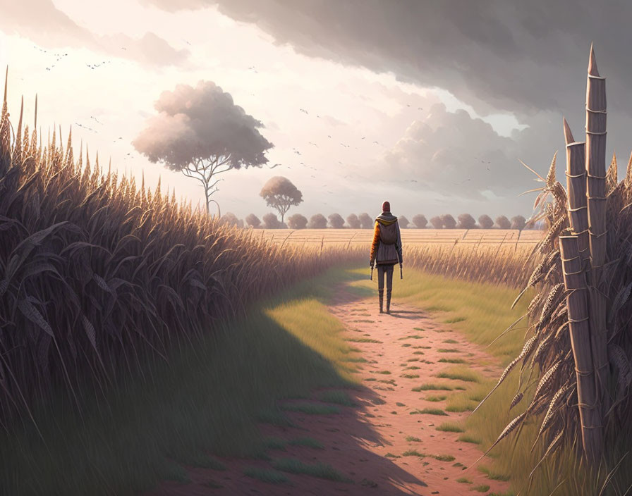 Person in yellow coat walking through wheat fields under cloudy sky