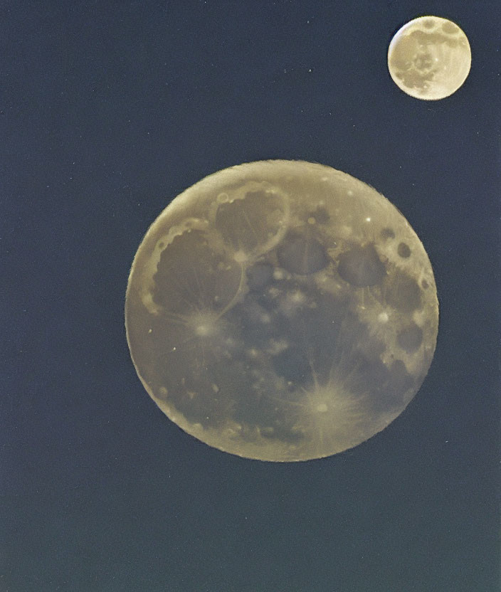 Detailed large moon beside smaller moon in deep blue night sky