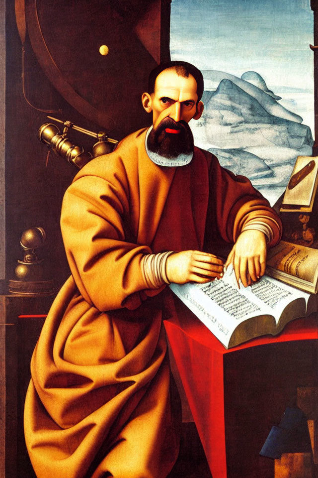 Renaissance-era portrait of bearded man with open book, globe, and celestial sphere