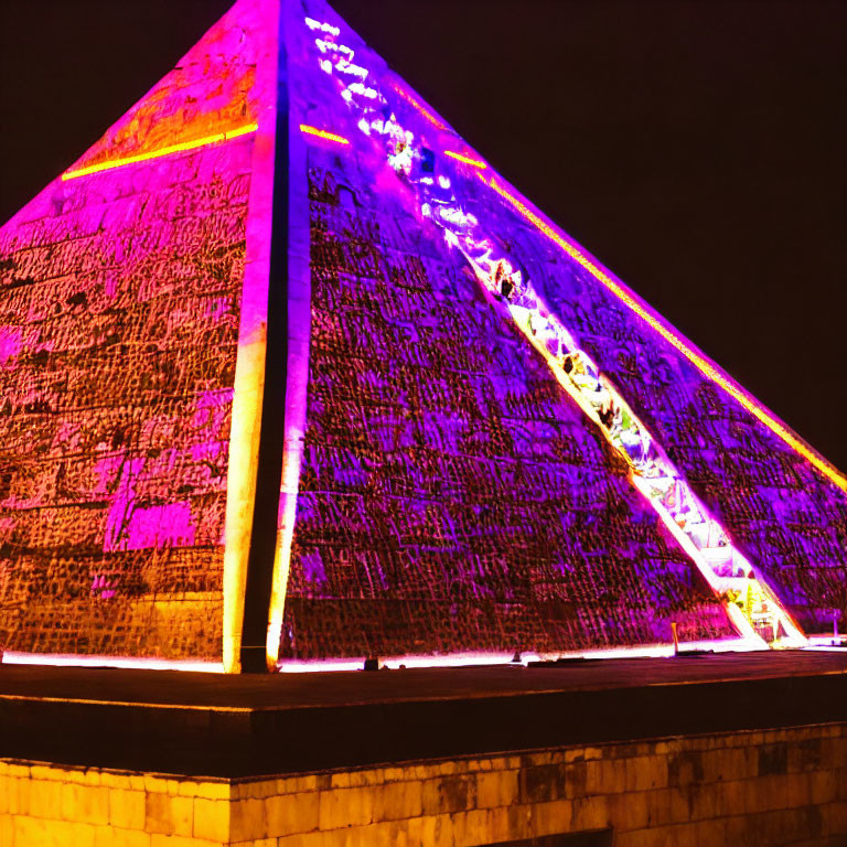 Illuminated Pyramid at Night with Textured Blocks and Inclining Walkway