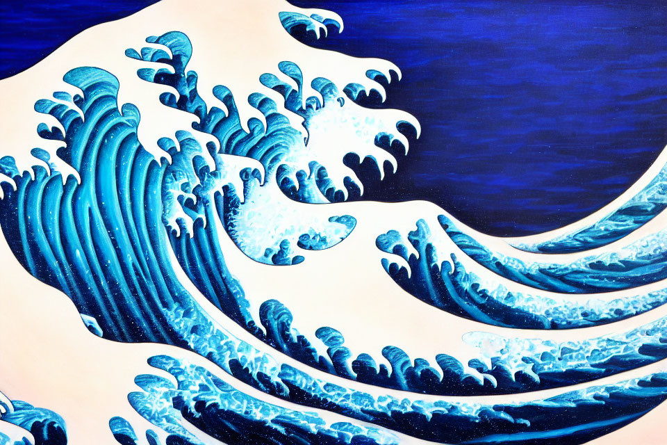 Traditional Japanese-inspired blue wave painting on deep blue background.