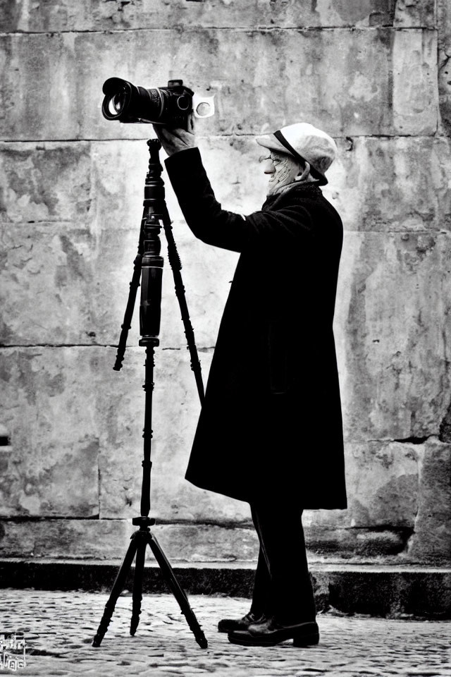 Elderly photographer in coat and cap capturing urban scene in grayscale