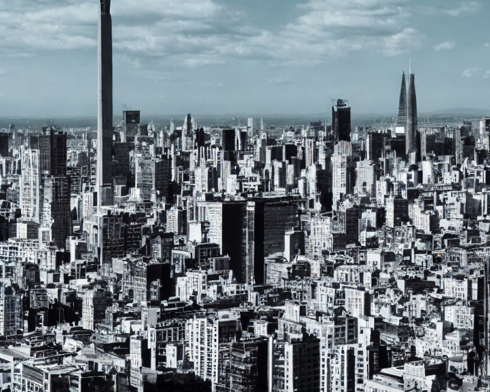 Grayscale aerial view of dense cityscape with tall tower