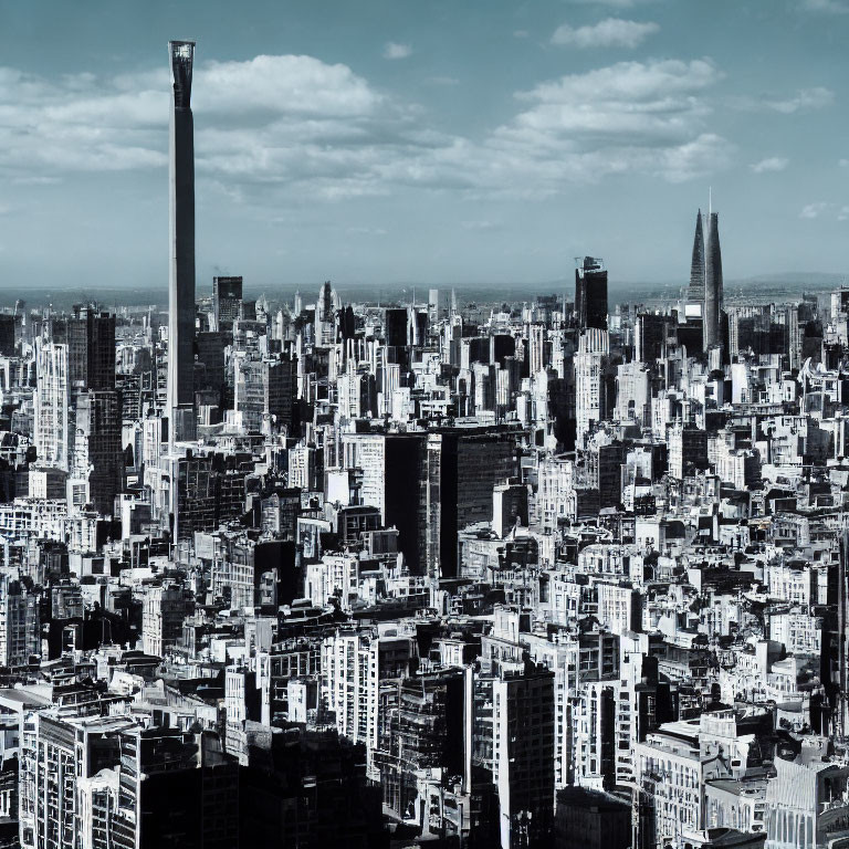 Grayscale aerial view of dense cityscape with tall tower