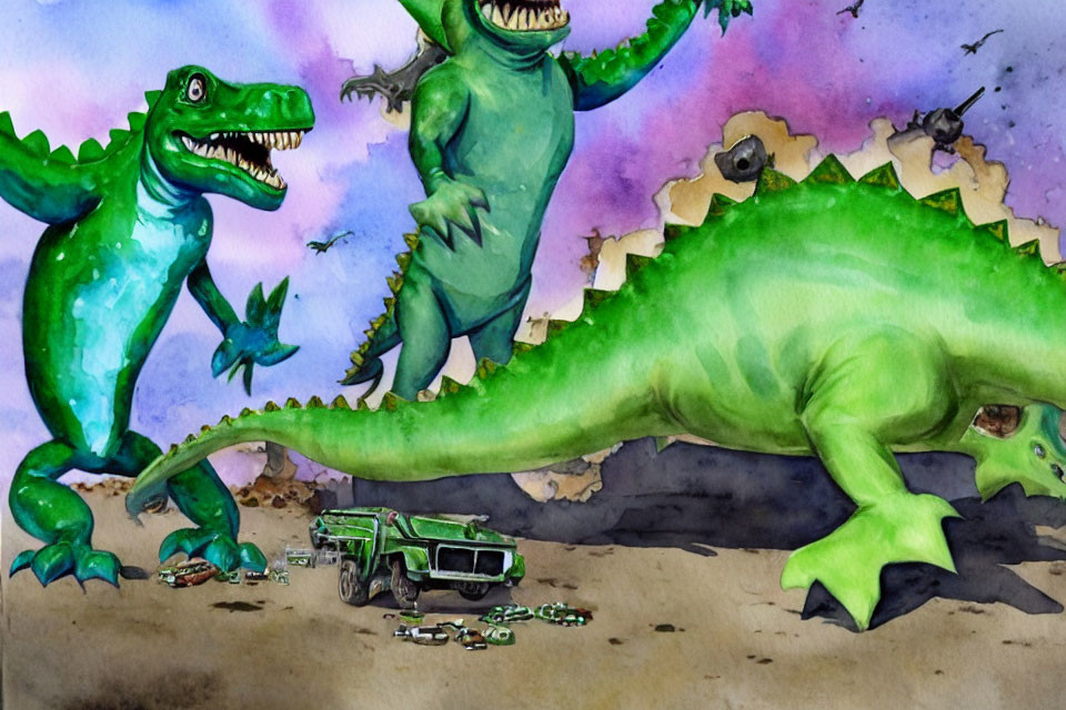 Stylized green dinosaurs in watercolor painting with crushed vehicle