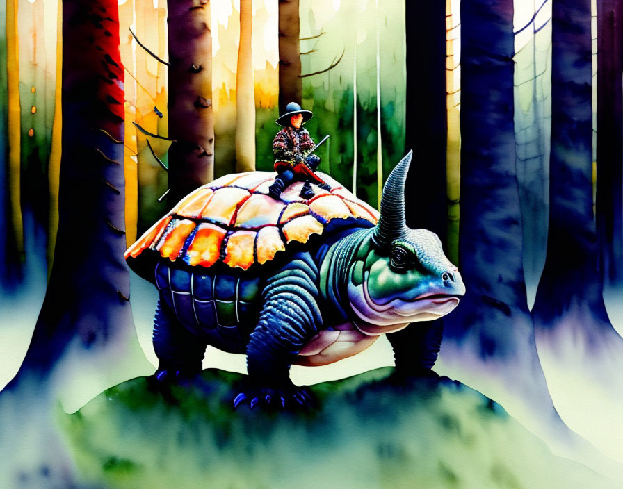 Samurai on Armored Turtle in Colorful Forest