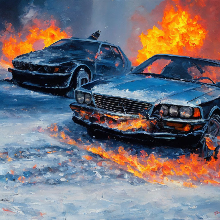 Vibrant oil painting of two cars on fire in red and orange hues