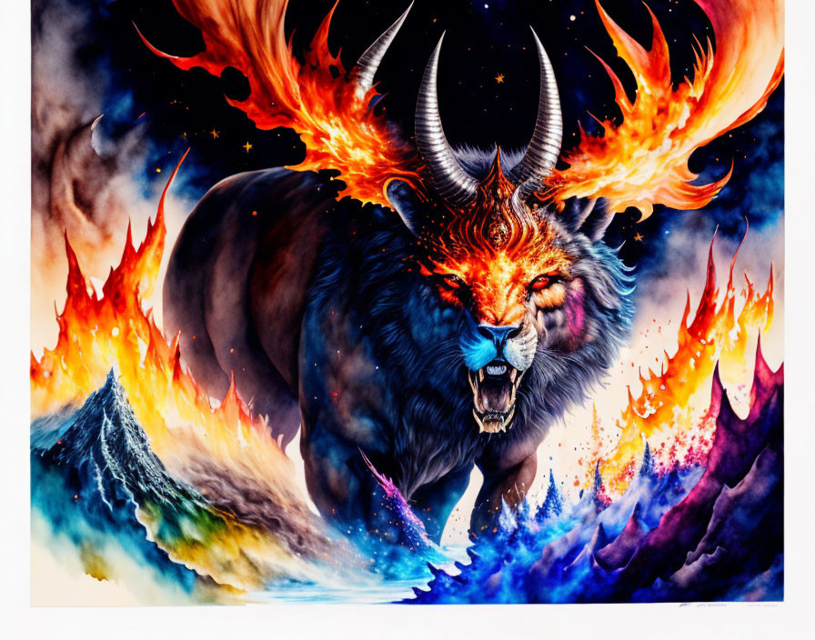 Mythical creature with lion's head and ram's horns in fiery landscape