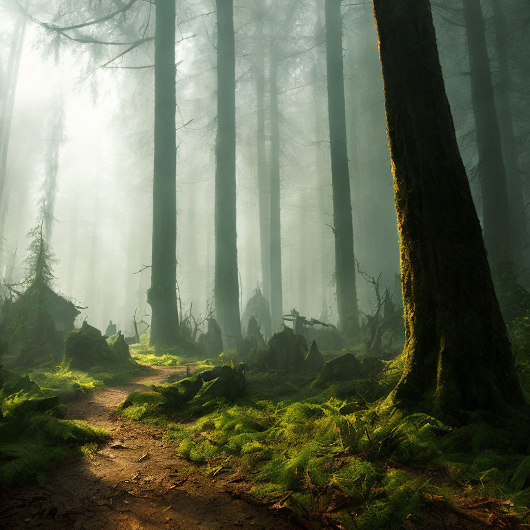 Tranquil forest path with sunlight, mist, green moss, and tree stumps