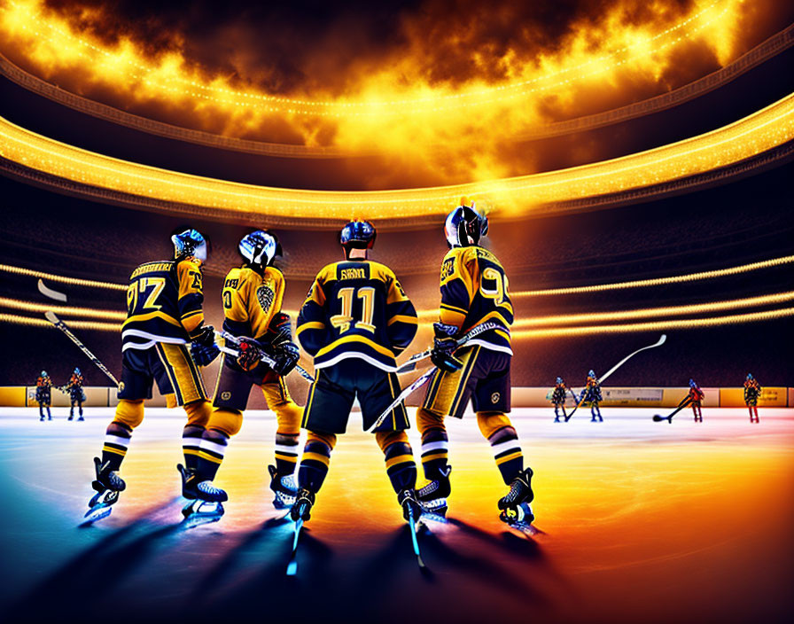 Yellow and Black Hockey Players on Ice with Dramatic Sky