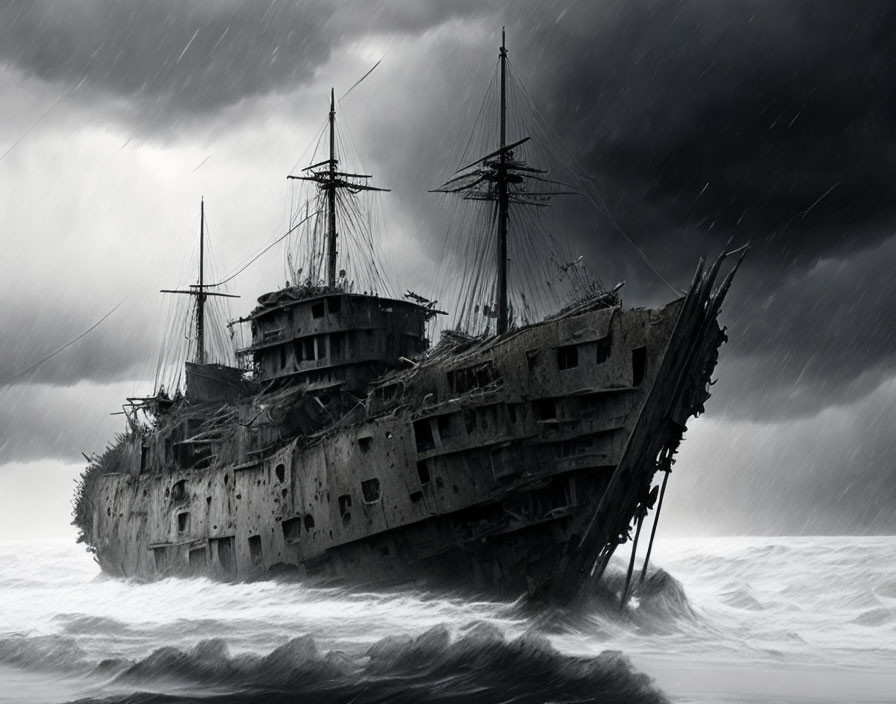 Decrepit sailing shipwreck in stormy seas under gloomy sky