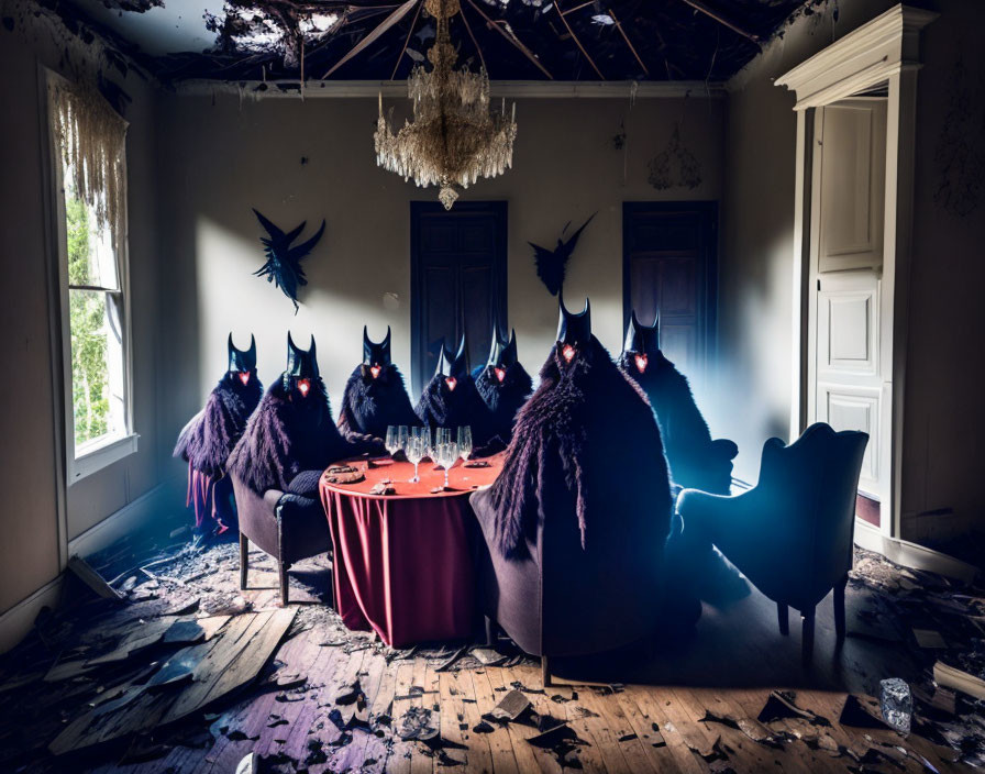 Dilapidated room with dusty chandelier and figures in dark cloaks