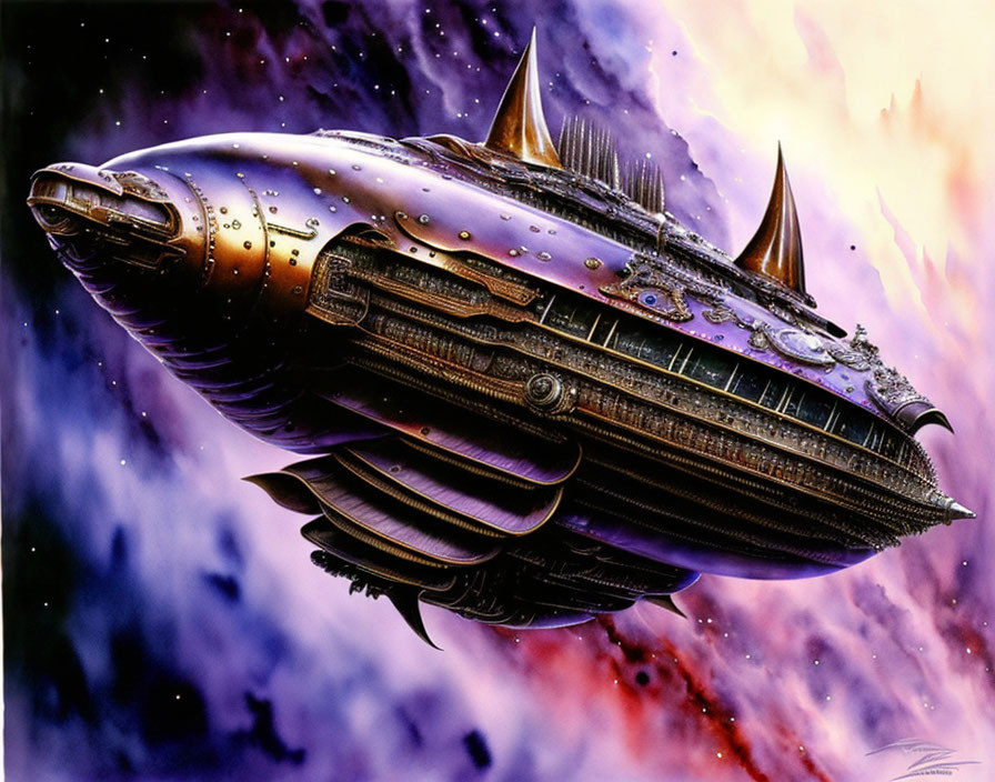 Detailed Metallic and Organic Spaceship in Purple and Pink Nebulae