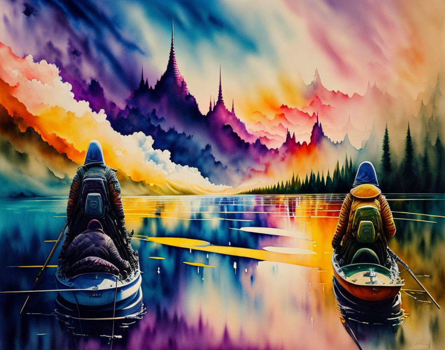 Kayakers on vibrant lake at sunset with colorful skies & mountains