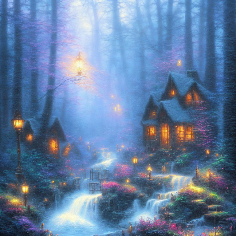 Twilight forest scene with cottages, waterfall, and flowers