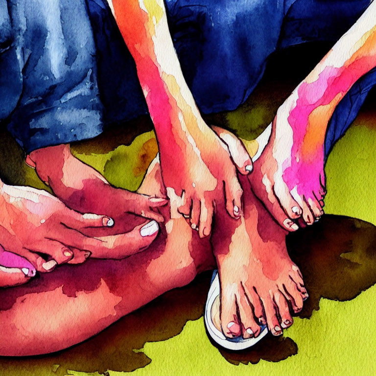 Colorful Watercolor Illustration of Hands Holding Feet