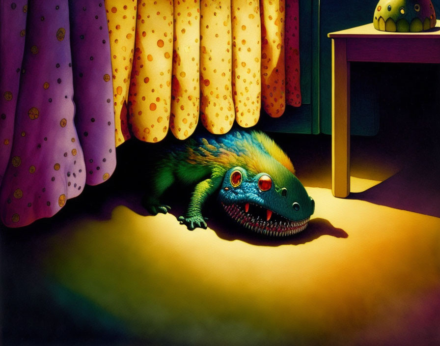 Vibrant cartoon monster peeking under bed with red eyes