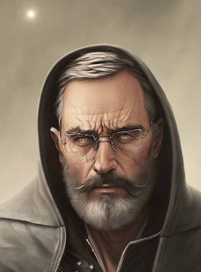 Elderly man with grey hair and beard in glasses and hooded jacket portrait