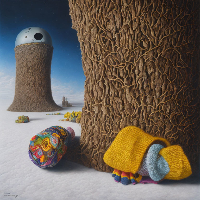 Surreal painting of textured tree, knitted blankets, tower, and castle under blue sky