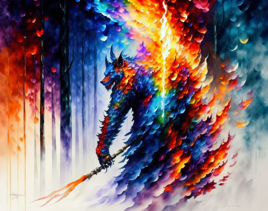 Fiery wolf leaping with flames in vibrant watercolor