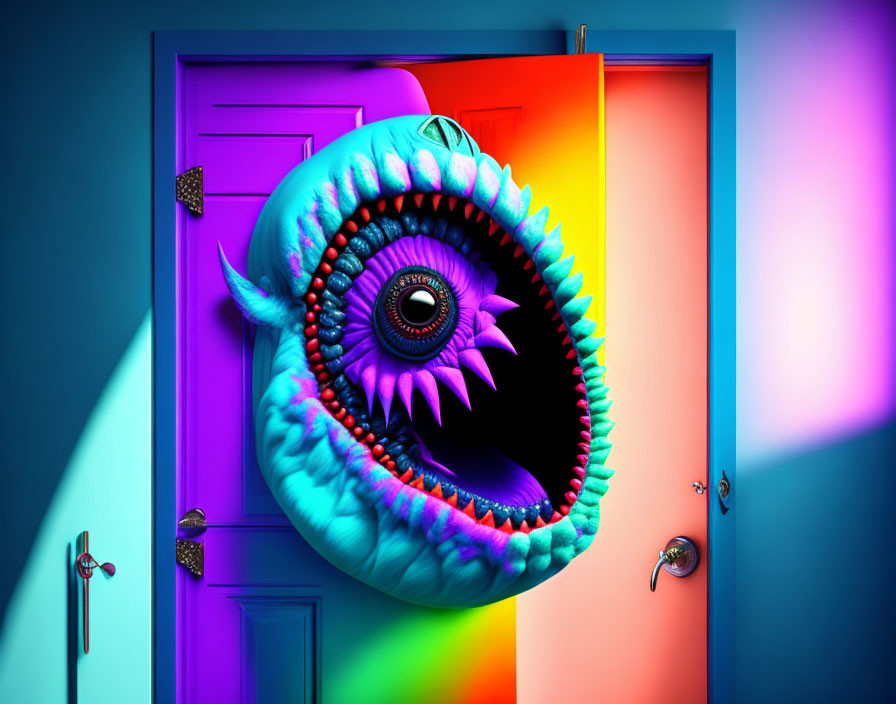 Vibrant monster with single eye and sharp teeth behind purple door