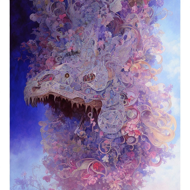 Colorful Dragon Surrounded by Floral Patterns on Blue Gradient Background