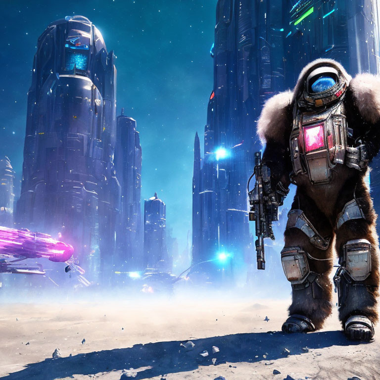 Futuristic astronaut in bulky suit before alien skyscrapers with spaceship flying past