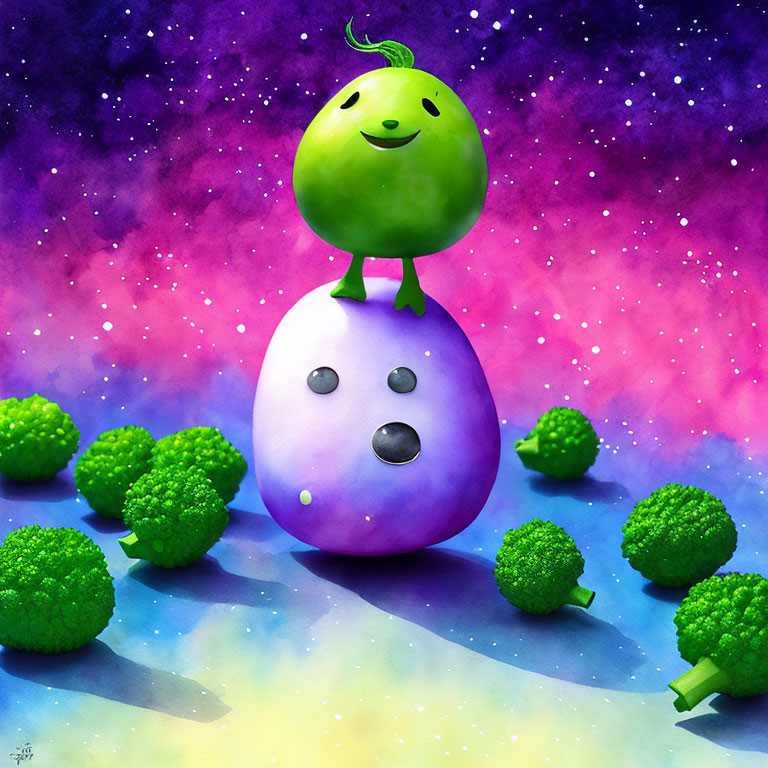 Whimsical green bean character on purple egg with broccoli in galaxy scene