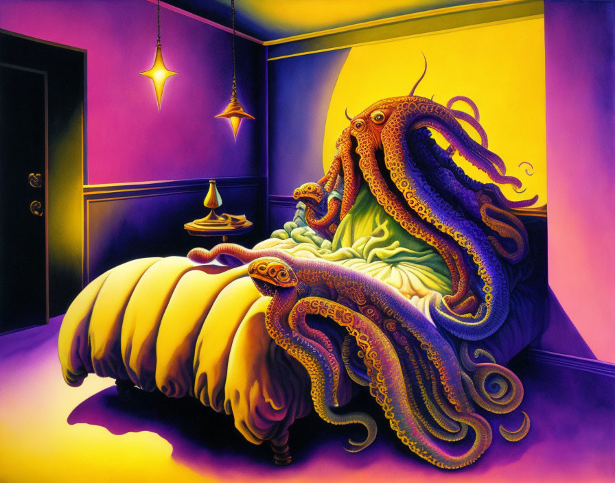 Surreal octopus art in purple and yellow bedroom