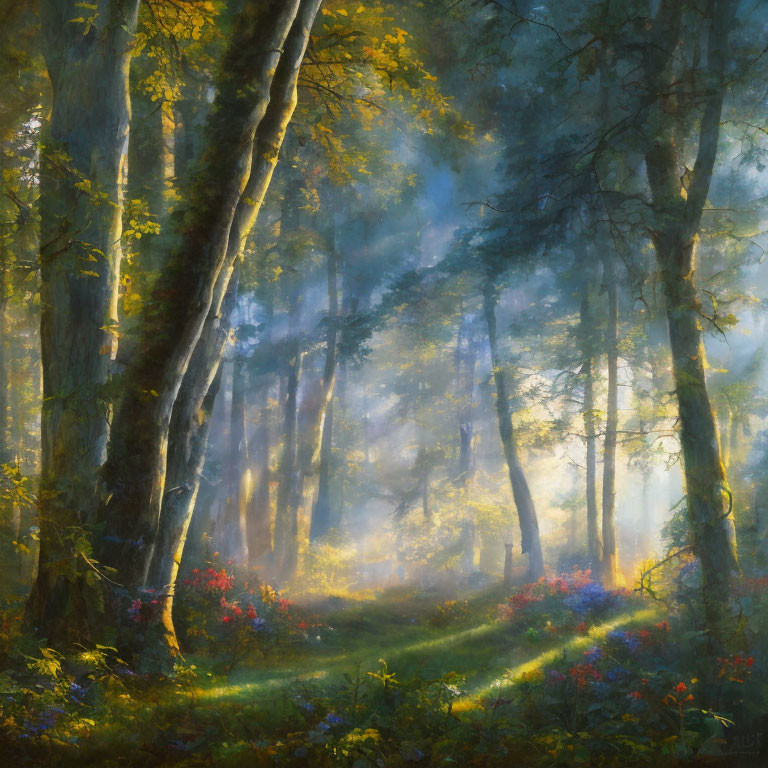 Misty forest scene with sunlight filtering through tall trees