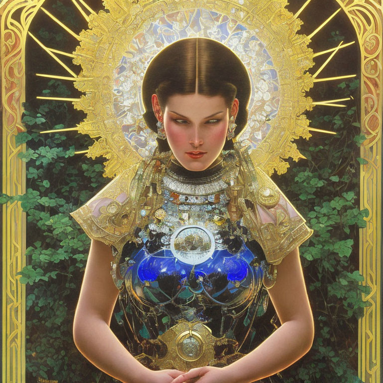 Woman in Gold and Blue Ornate Armor with Halo in Lush Green Setting