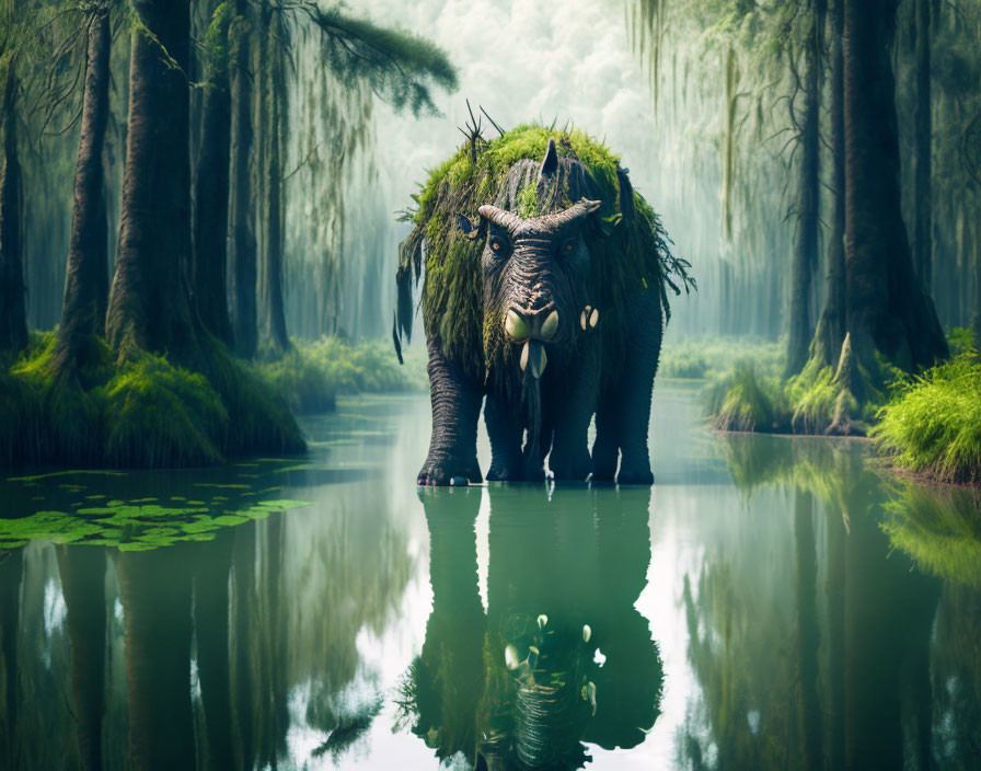 Mystical mammoth-like creature with grass and trees on its back by forest pond