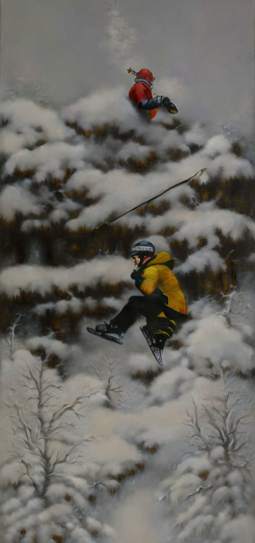 Snowy slope with skiers among bare trees