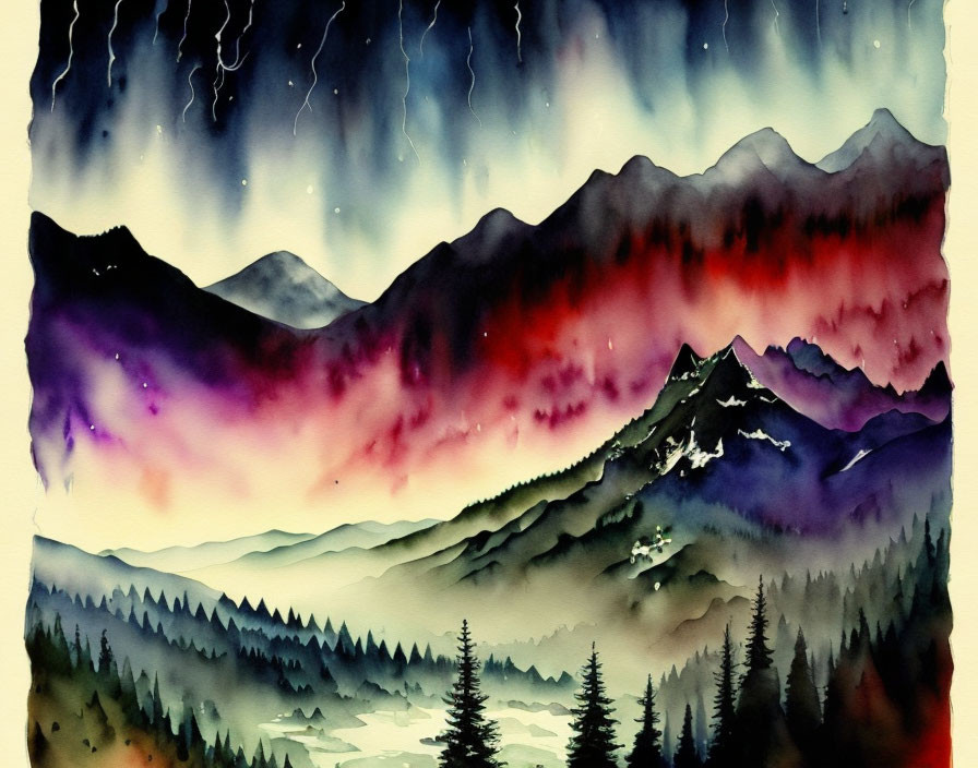 Mountainous Landscape Watercolor Painting with Sunset Sky and Pine Tree Silhouettes