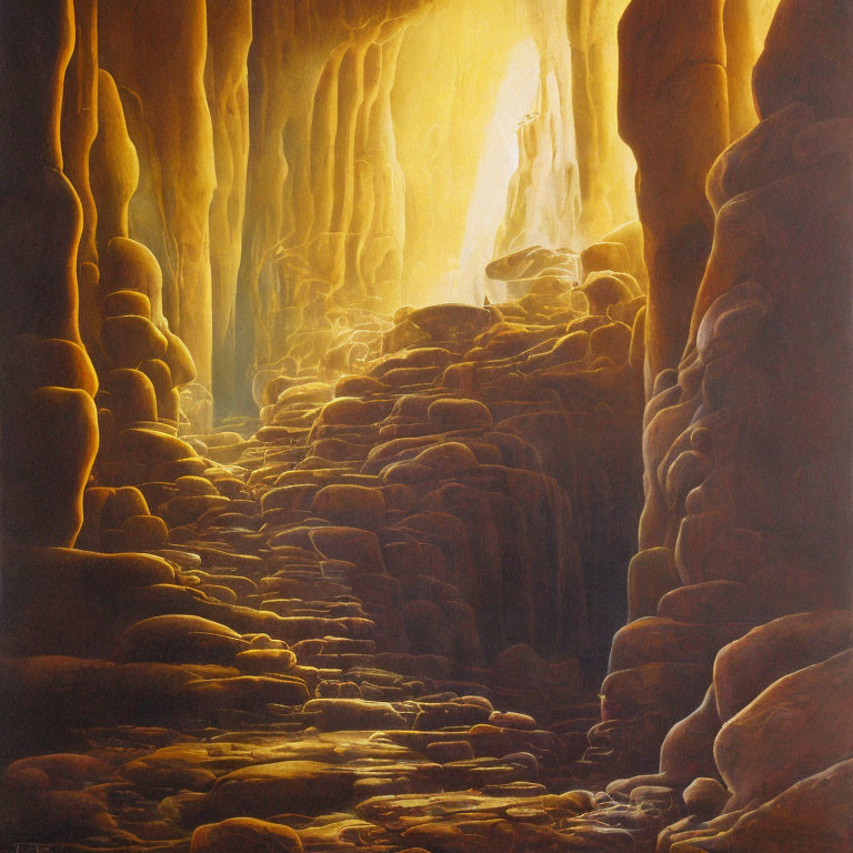 Ethereal cave with warm golden light and stalactites