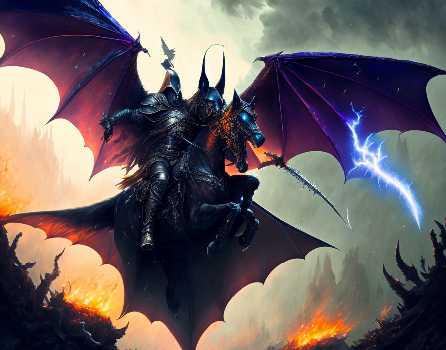 Menacing dragon with outstretched wings and armored rider in stormy sky above fiery landscape