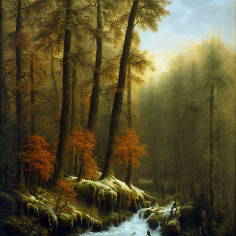 Tranquil forest scene with stream, orange foliage, figure by misty pines